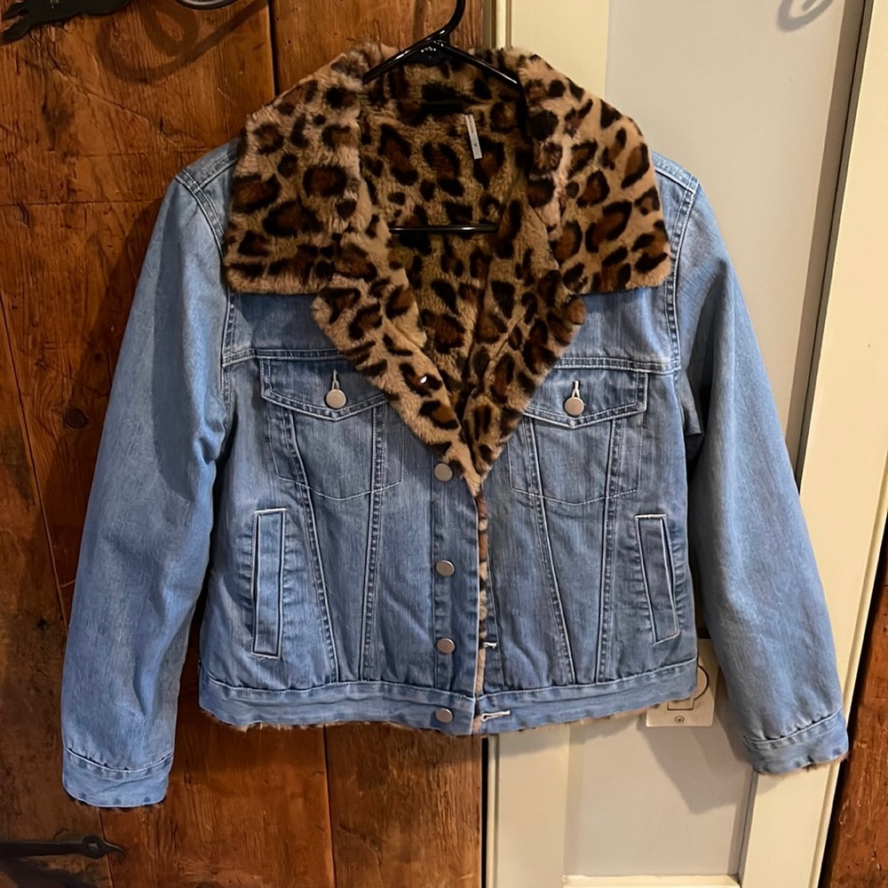 Love token cheetah fur lined jean jacket